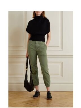 Nili Lotan Cropped Cotton Blend Twill Tapered Pants Army Green Size 4